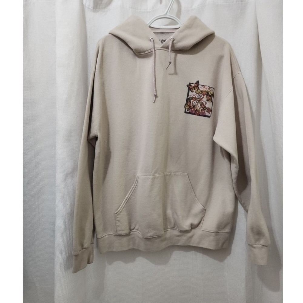 Bowery Supply Hoodie Sz LARGE Tan Beige  Mushrooms Nature Vibes Hippie Retro